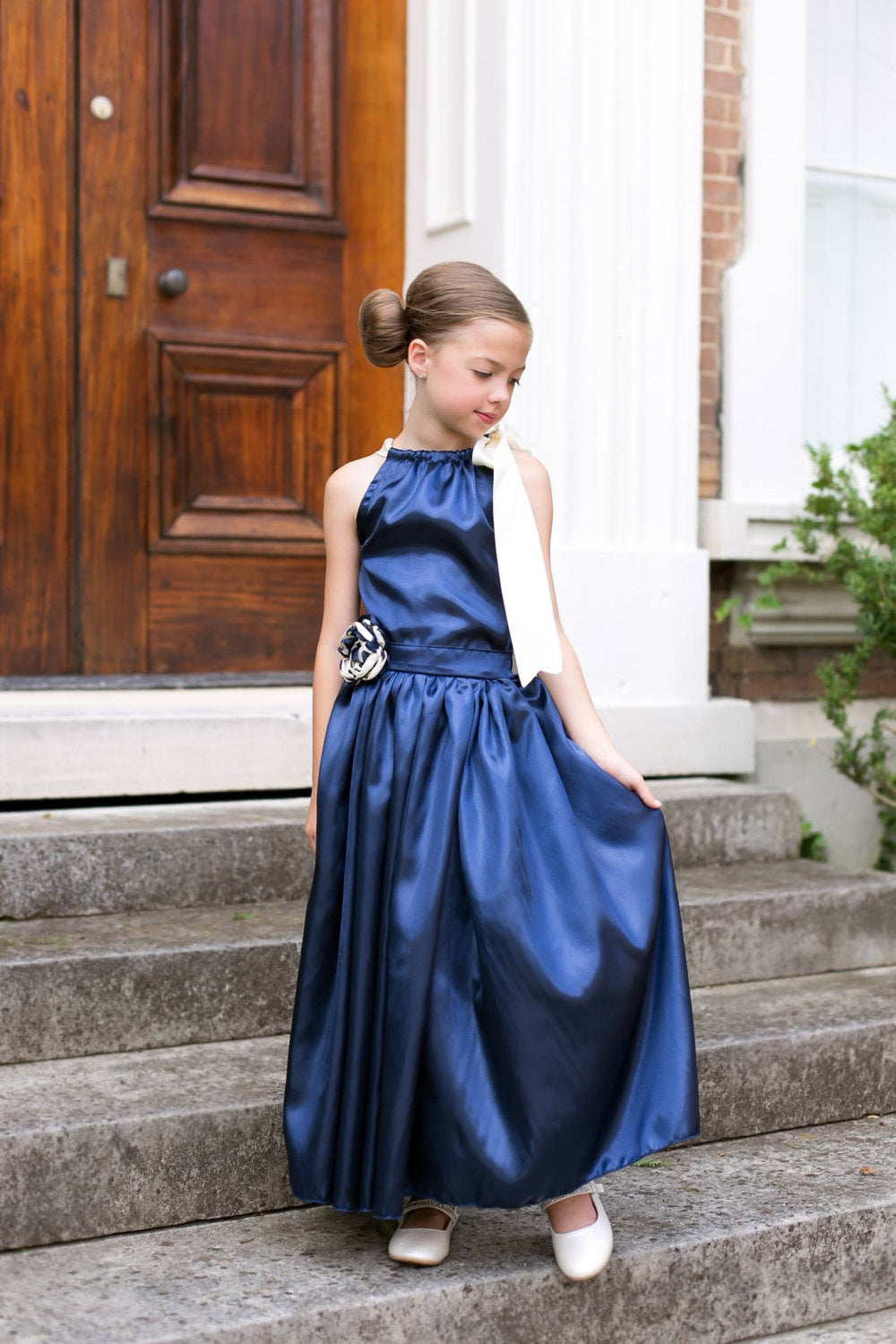 Navy Blue & Ivory Satin Skirt Set