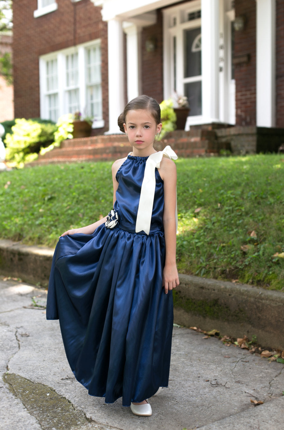 Navy Blue & Ivory Satin Skirt Set