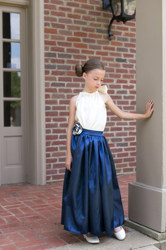 Navy Blue & Ivory Satin Skirt Set