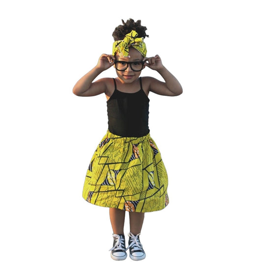 Yellow African Print Skirt and head wrap for Girls