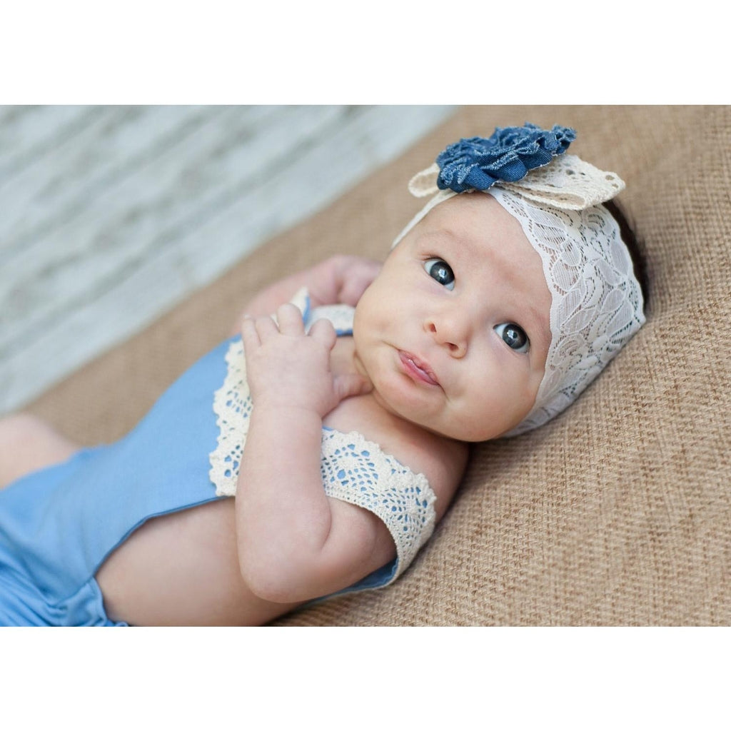 Blue Boho Baby Romper with Lace Headband