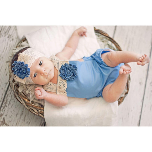Blue Boho Baby Romper with Lace Headband