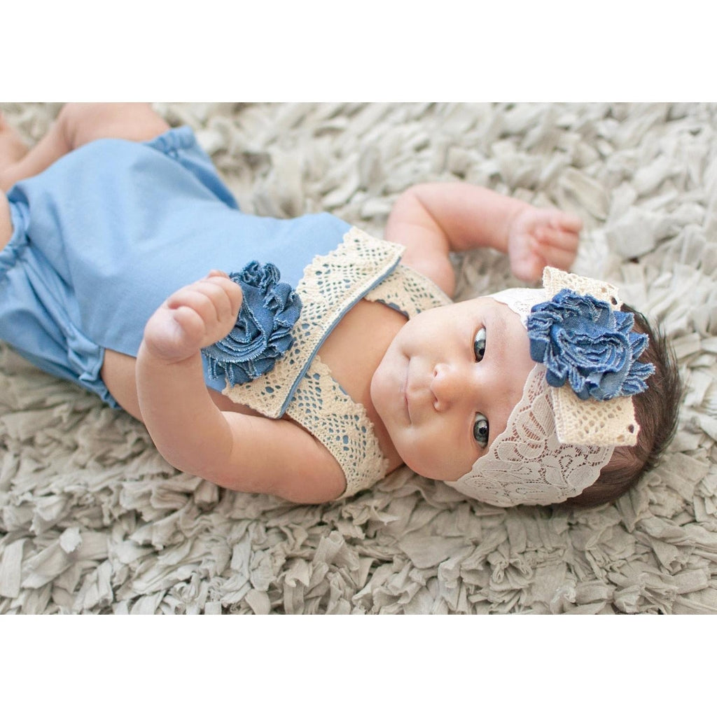 Blue Boho Baby Romper with Lace Headband
