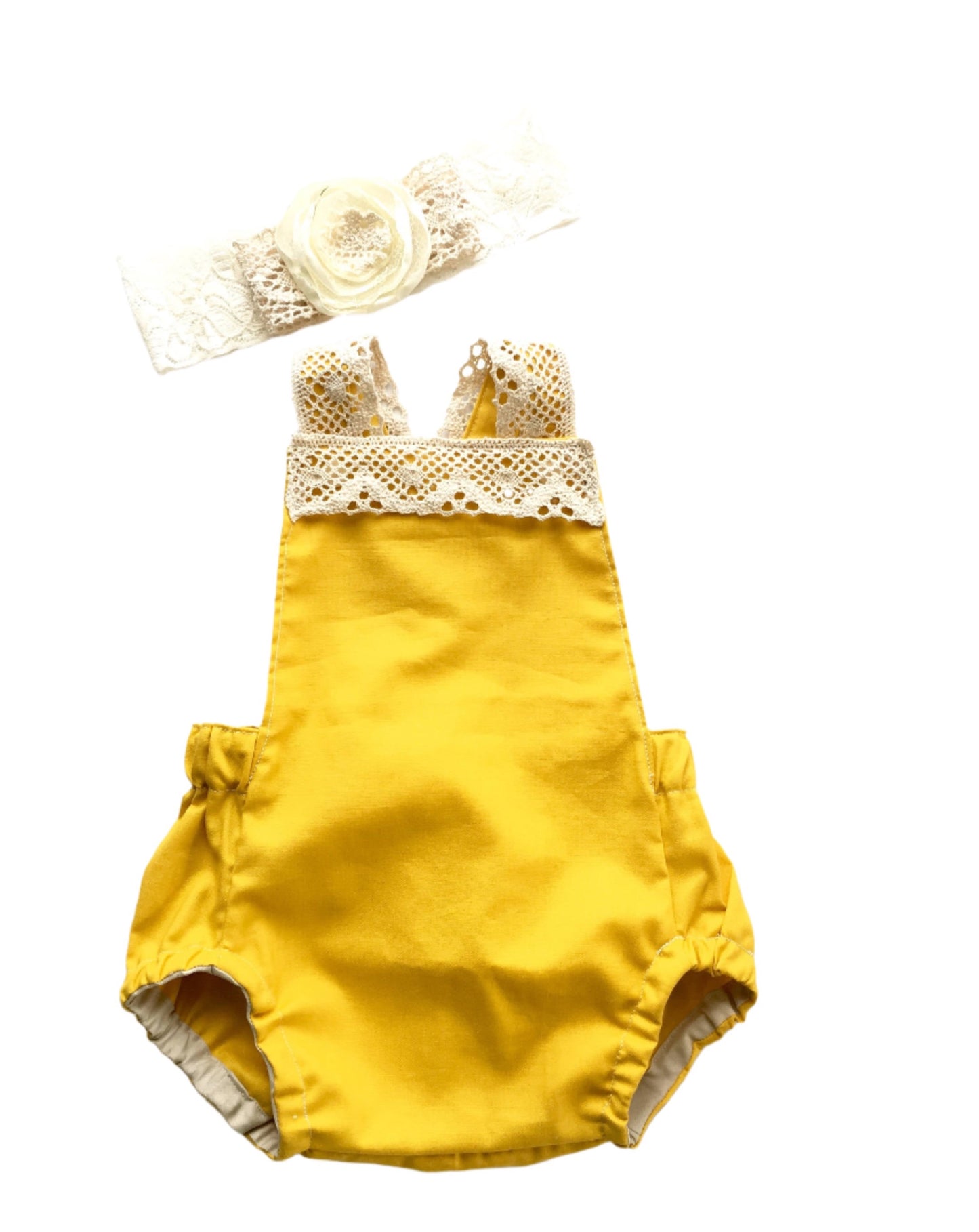 Mustard yellow baby romper with lace