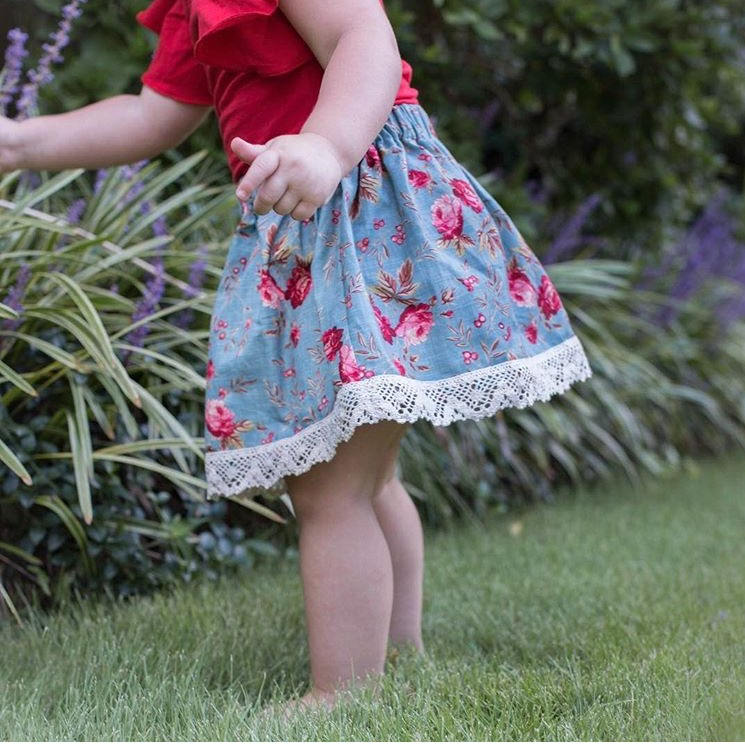 Girls Blue Vintage Style Floral Skirt