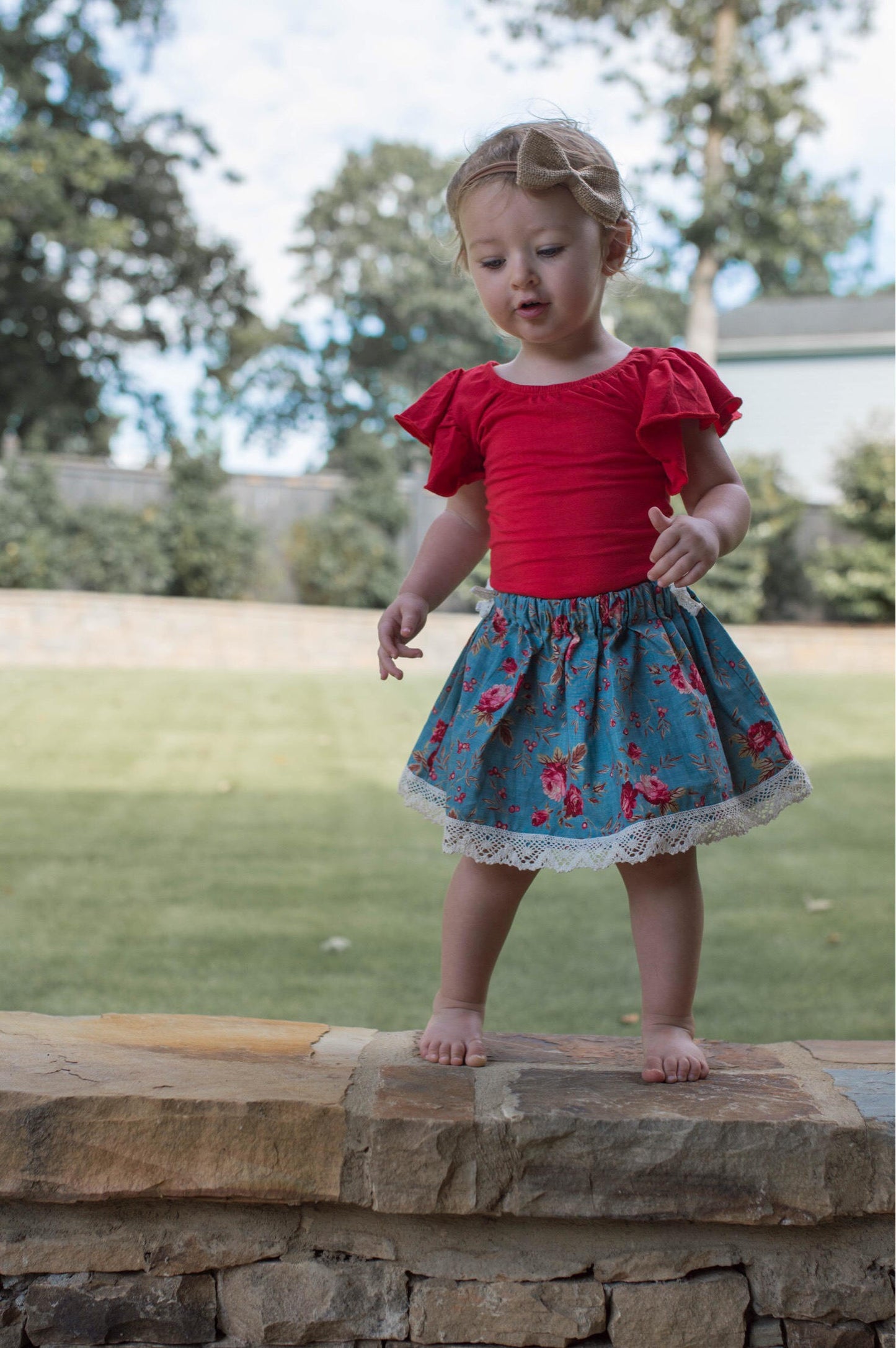 Girls Blue Vintage Style Floral Skirt